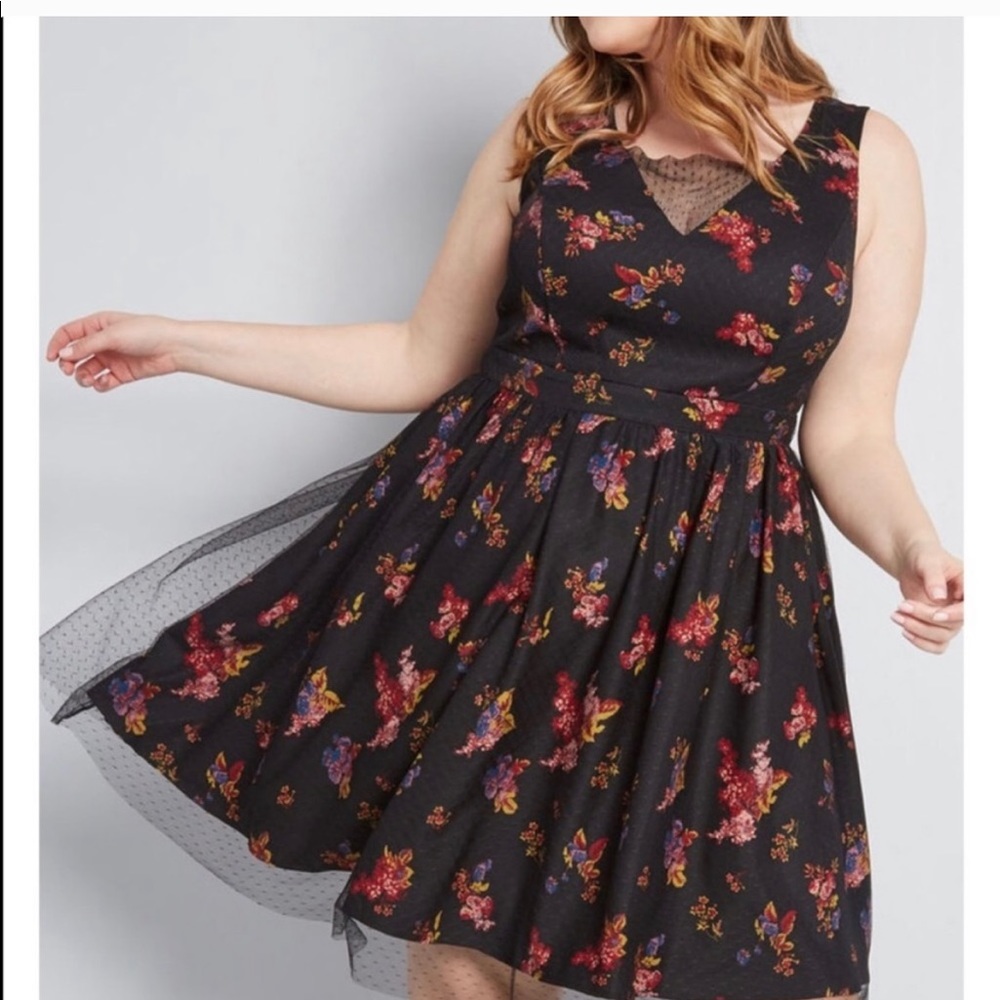 NWOT ModCloth black floral dress w/ sheer overlay